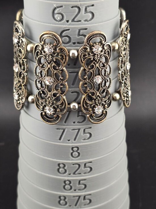None Jewelry - Gold and silver tone filigree Stretch Bracelet Rhinestone 6.25"- larger